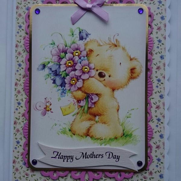 Happy Mother's Day Card Cute Teddy Bear with Flowers 3D Luxury Handmade