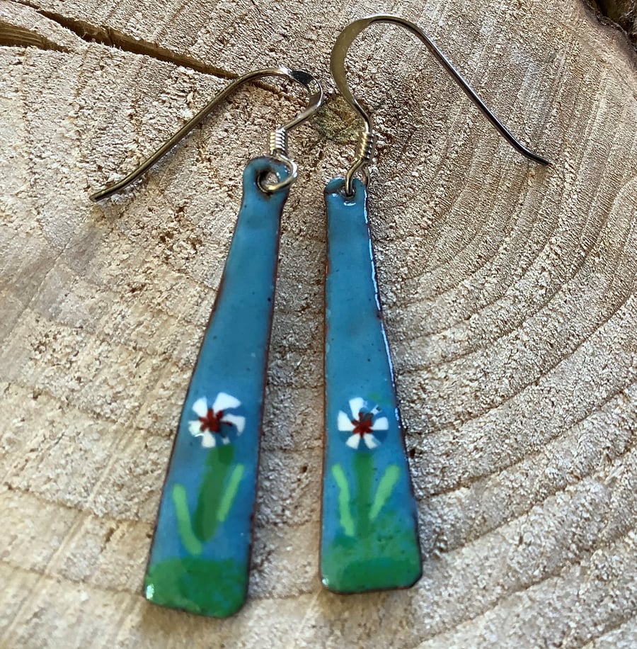 Blue green flower enamelled copper oblong dangly earrings on 925 silver hooks