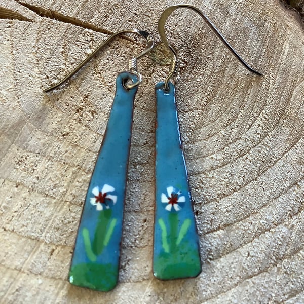 Blue green flower enamelled copper oblong dangly earrings on 925 silver hooks