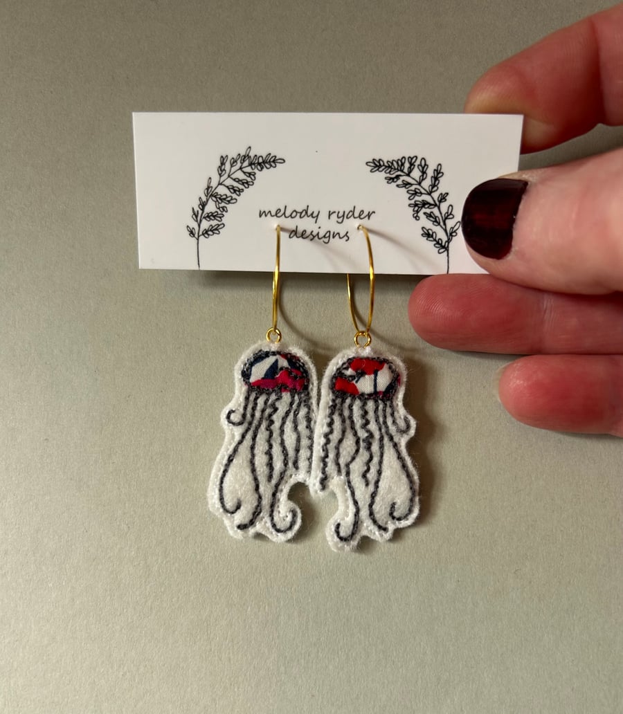 Jellyfish embroidered Liberty print hoop earrings 