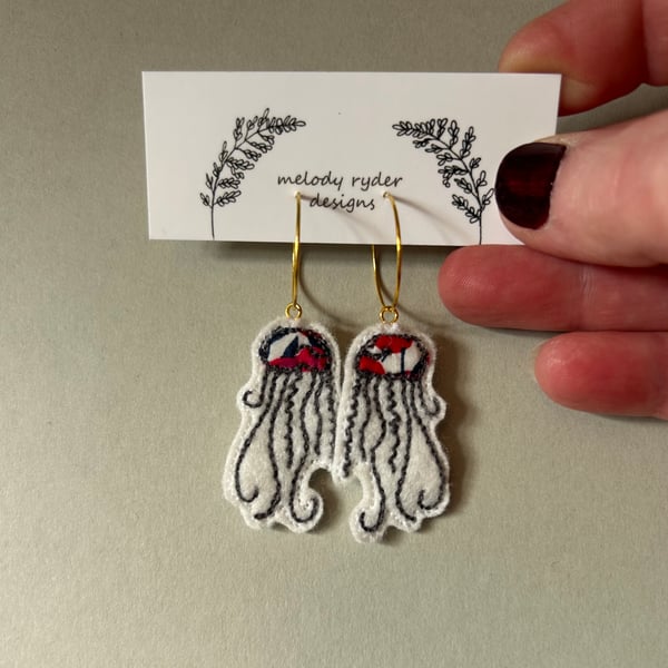 Jellyfish embroidered Liberty print hoop earrings 