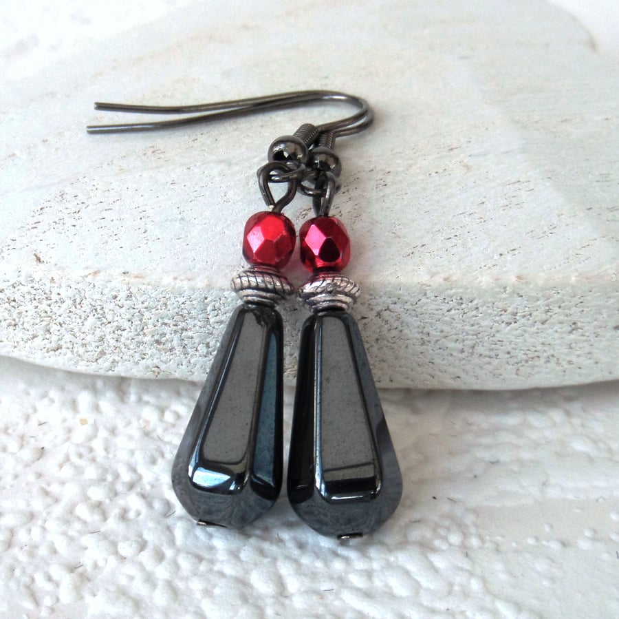 Hematite & red crystal earrings, dangly drop earrings