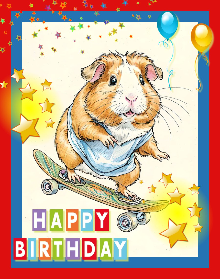 Happy Birthday Skateboarding Guinea Pig Card 