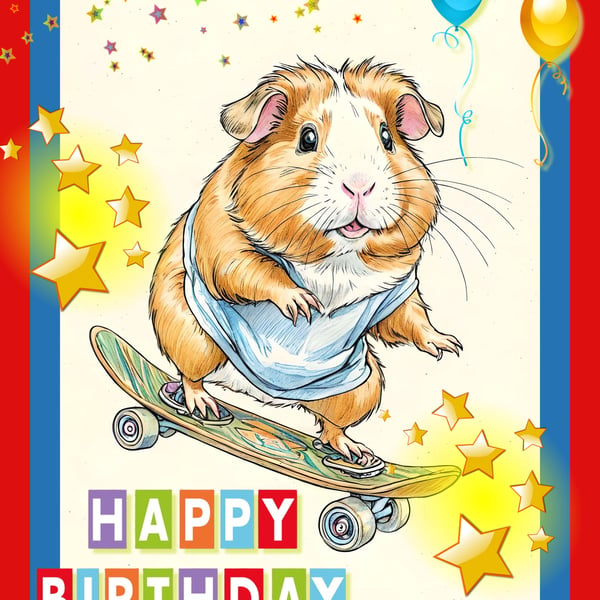 Happy Birthday Skateboarding Guinea Pig Card 