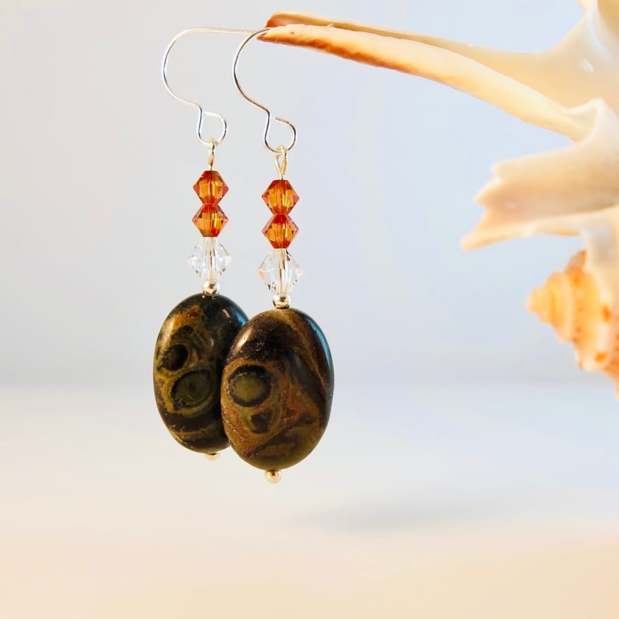 Green Kambaba Jasper Earrings With Orange Swarovski Crystals - Handmade In Devon