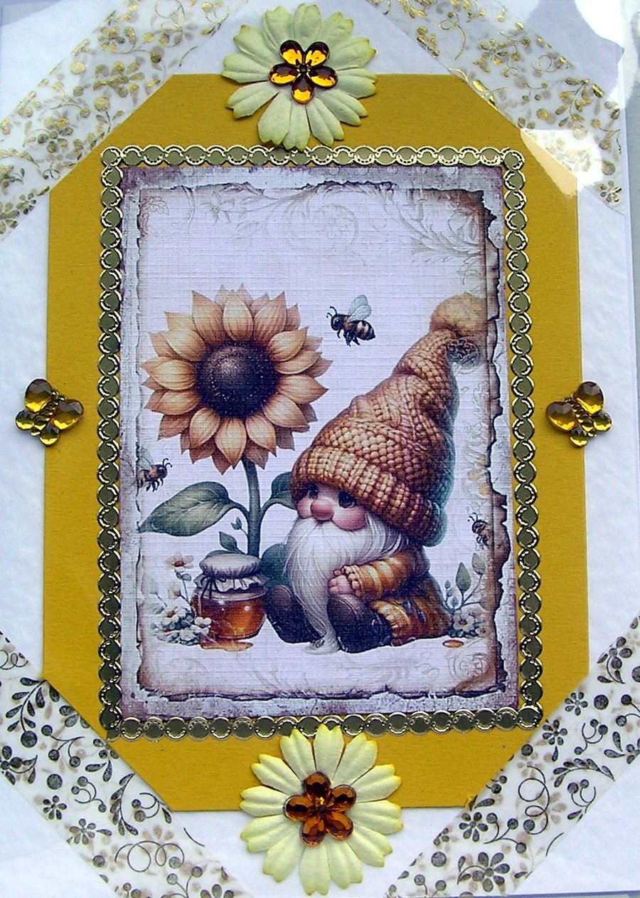 Gnome Hand Crafted Decoupage Card - Blank for any Occasion (2684)