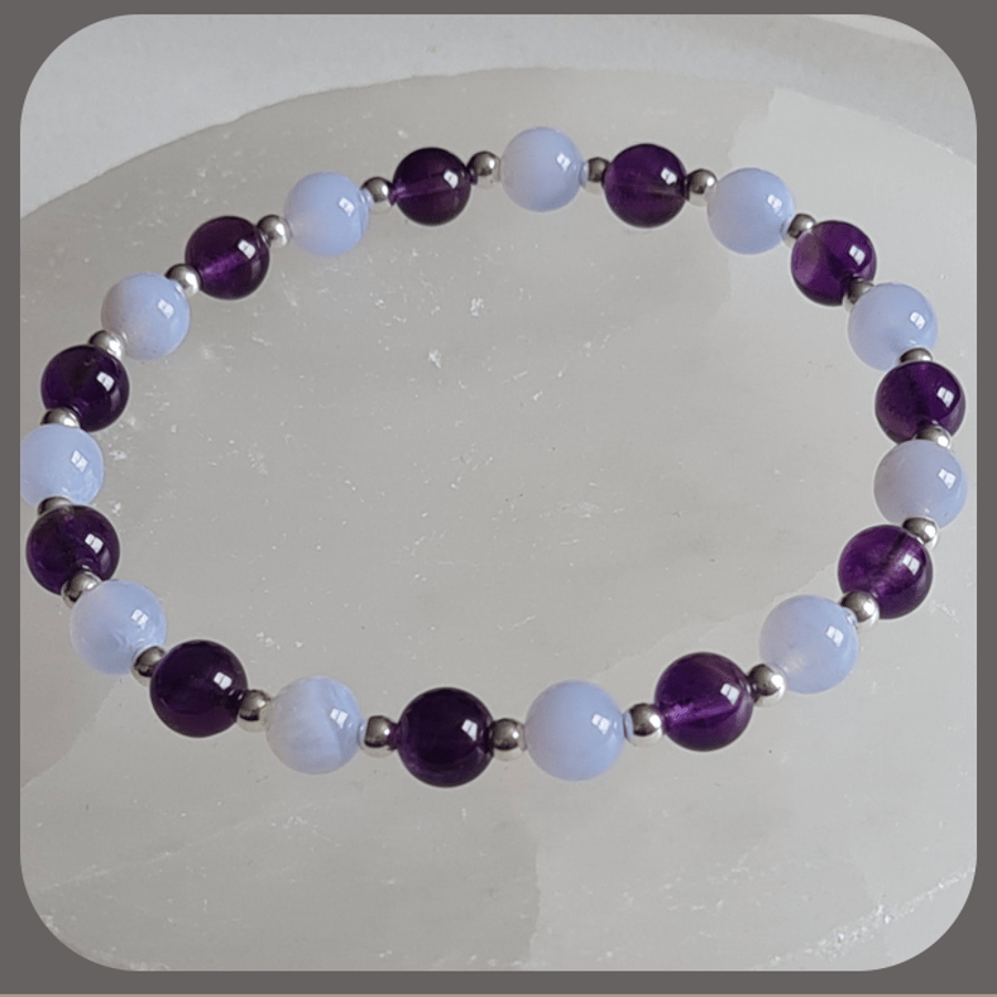Amethyst, Blue Lace Agate and sterling silver stacker bracelet