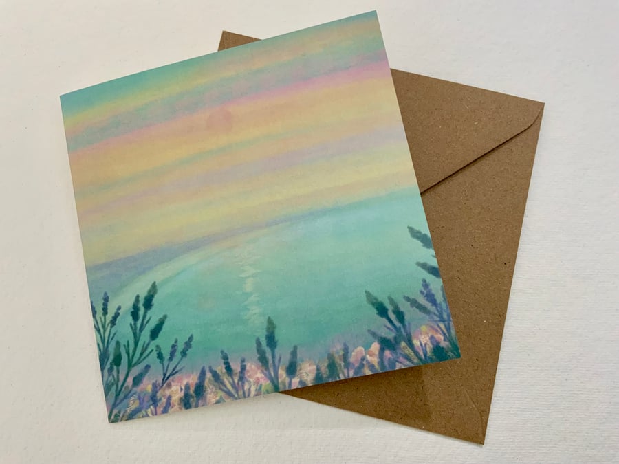 Sunset over the Bay, blank greetings card