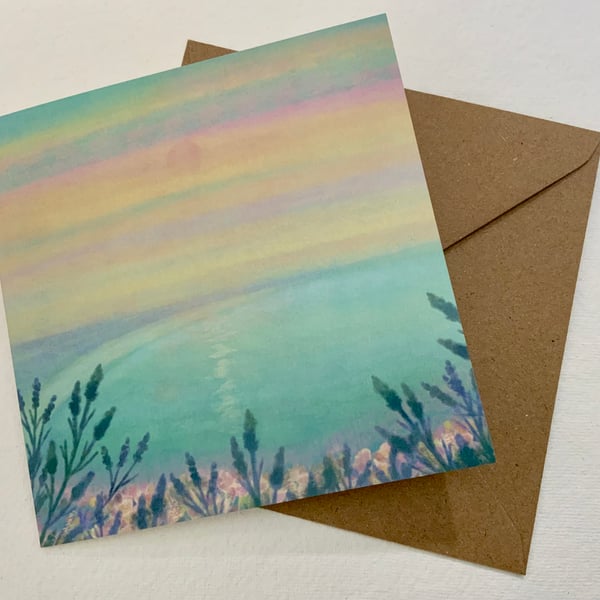 Sunset over the Bay, blank greetings card
