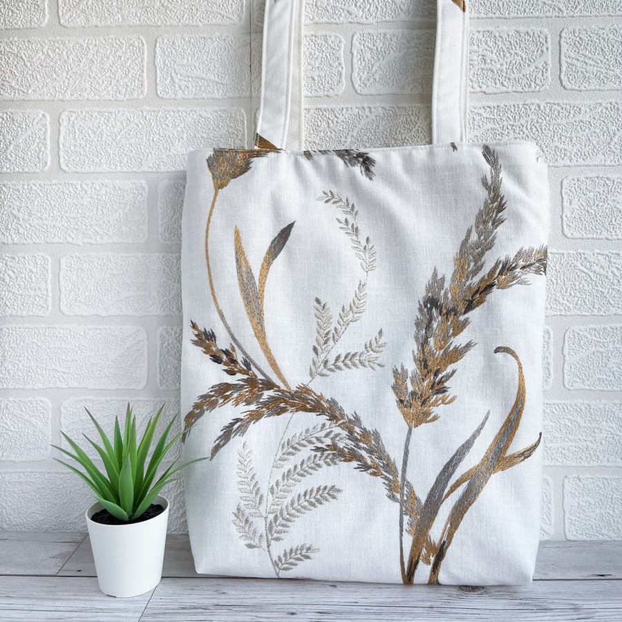 Grass Seed Heads Tote Bag in Embroidered Pattern Fabric