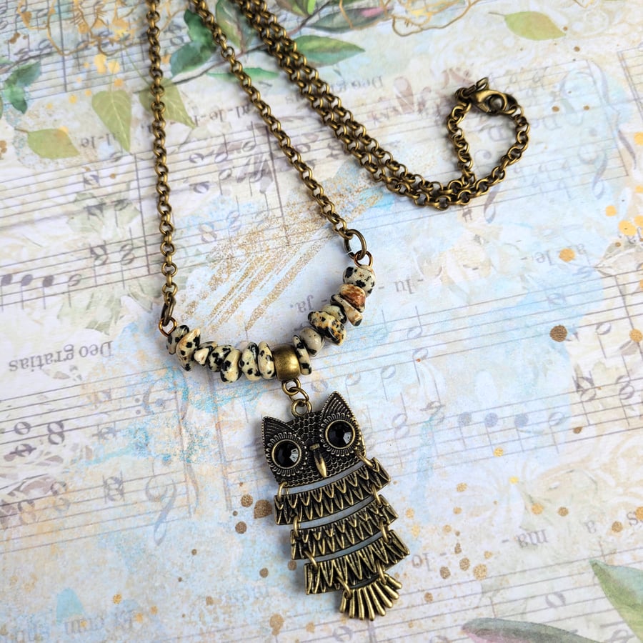 Antique Bronze Owl Pendant with Natural Dalmatian Jasper and Black Onyx