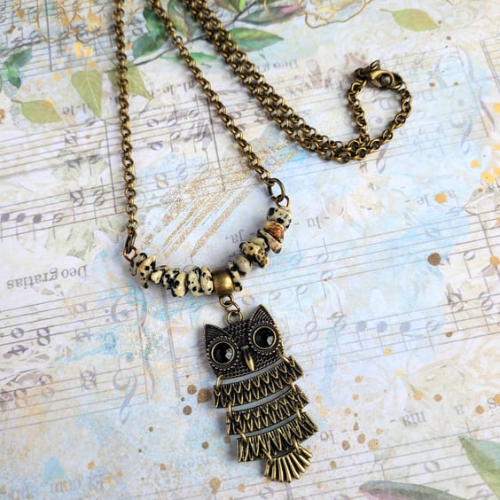 Antique Bronze Owl Pendant with Natural Dalmatian Jasper and Black Onyx