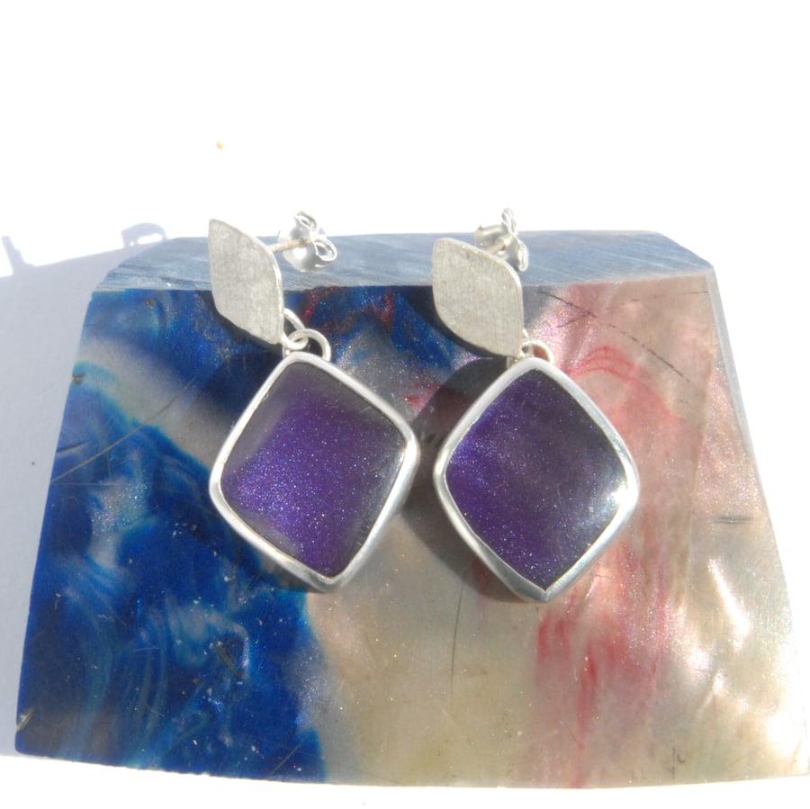 Purple bowlerite and silver drop earrings