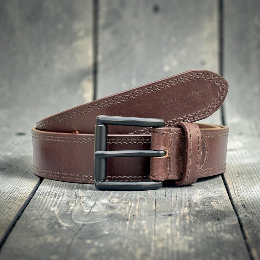 Brown leather belt double stitched with matte black buckle 1.5 inch