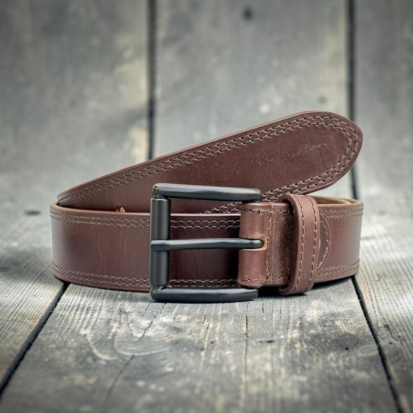 Brown leather belt double stitched with matte black buckle 1.5 inch