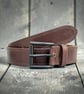 Brown leather belt double stitched with matte black buckle 1.5 inch