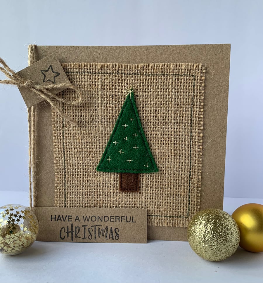 Handmade Christmas Card. Festive green tree with gold sparkle. 