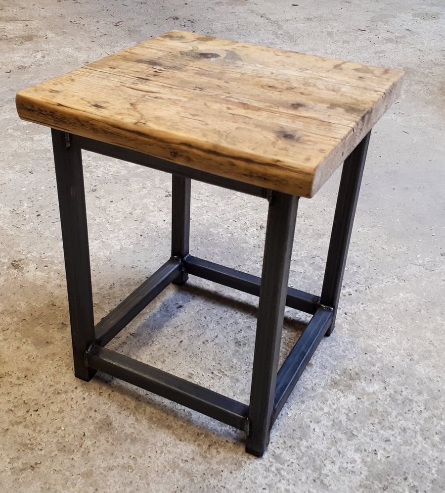 Reclaimed Rustic Scaffold Board & Steel Industrial Look Stool Side Table