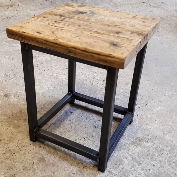 Reclaimed Rustic Scaffold Board & Steel Industrial Look Stool Side Table