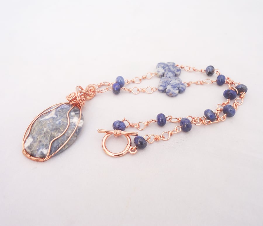 Sodalite Wire Wrapped Pendant, Sodalite and Lapis Lazuli Necklace with Pendant