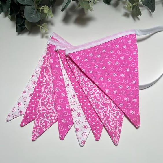 Handmade Fabric Bunting 8 Flags in Bright Pink & White Floral and Patterns