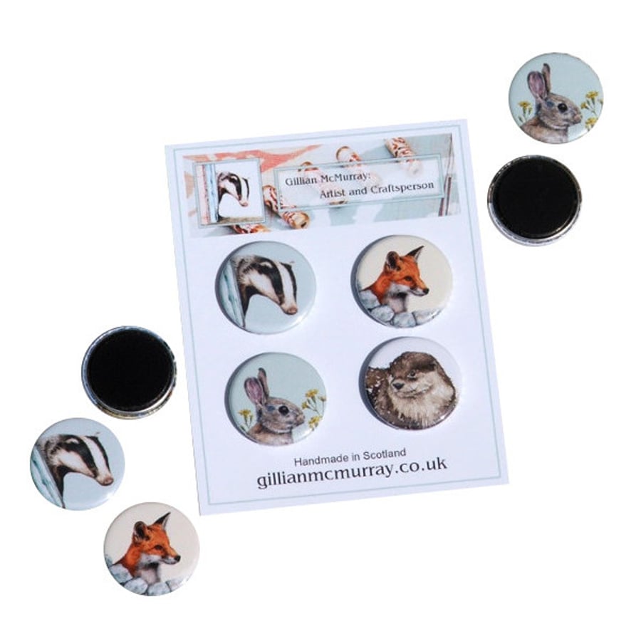 Wildlife fridge magnets - set of 4, 1 inch (25mm) badger, fox, rabbit and otter