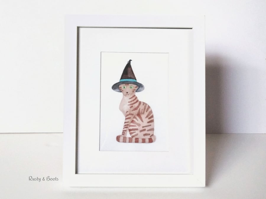 Cat in a Hat Art Print, Cat Art Print, Witch's Cat Art Print, Cat Illustration