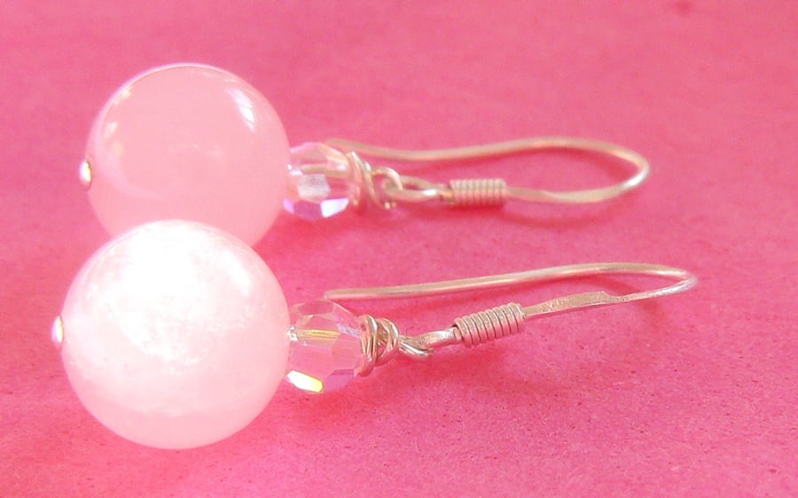 Rose Quartz and Swarovski Crystals Sterling Silver Earrings