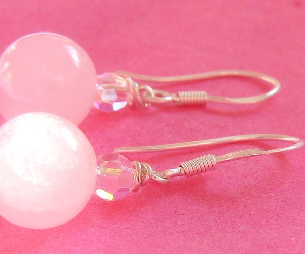 Rose Quartz and Swarovski Crystals Sterling Silver Earrings