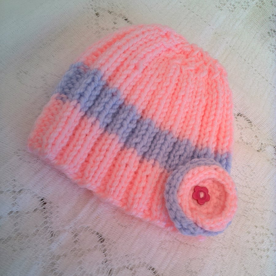Girls Pink Ribbed Hat with Flower Decoration, Child's Winter Hat, Knitted Hat