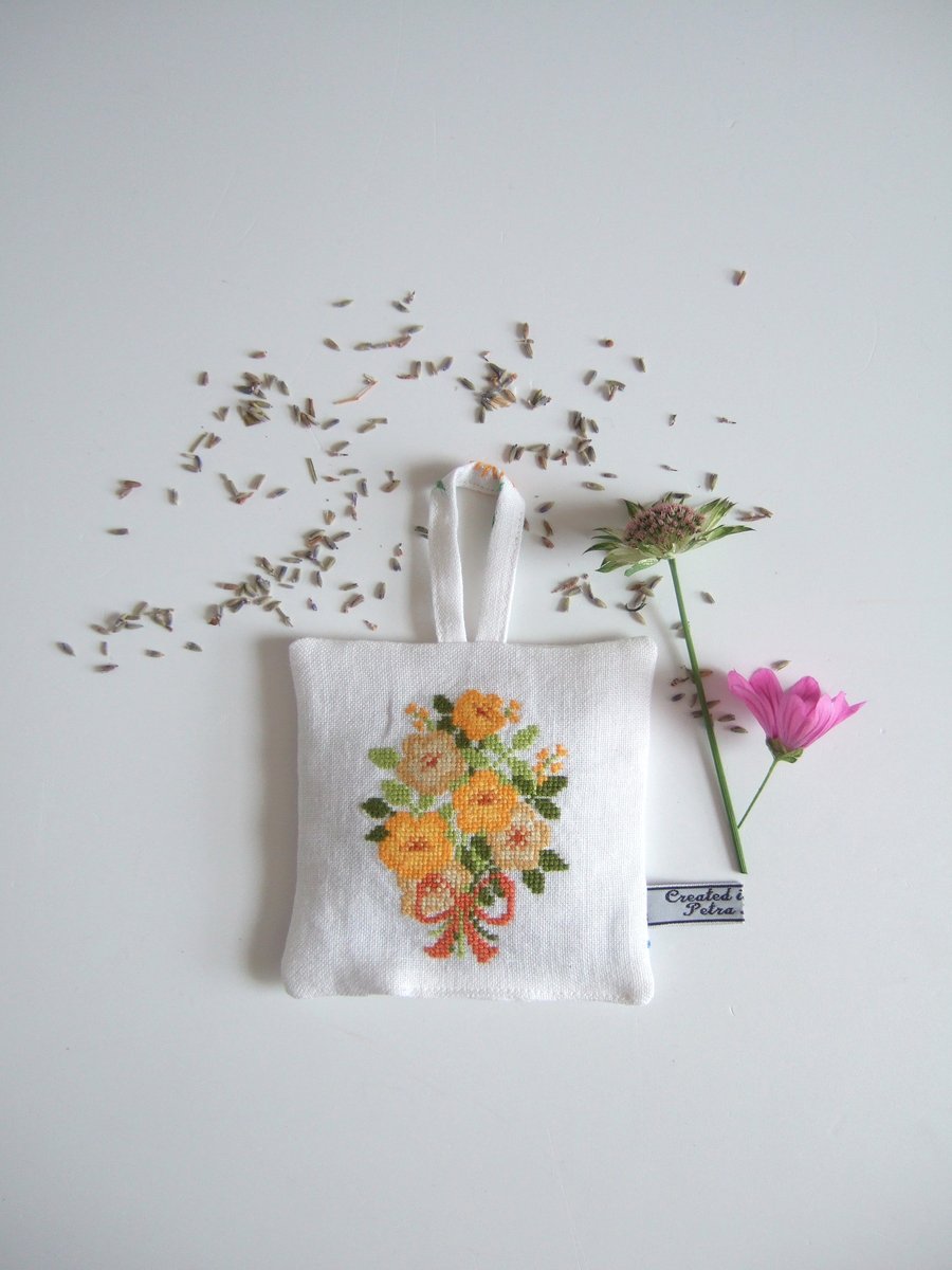 Lavender bag in a vintage floral Folk Art style.