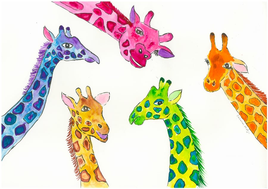 Colourful Giraffes Greeting card 5" x 7" " Chatterboxes !"