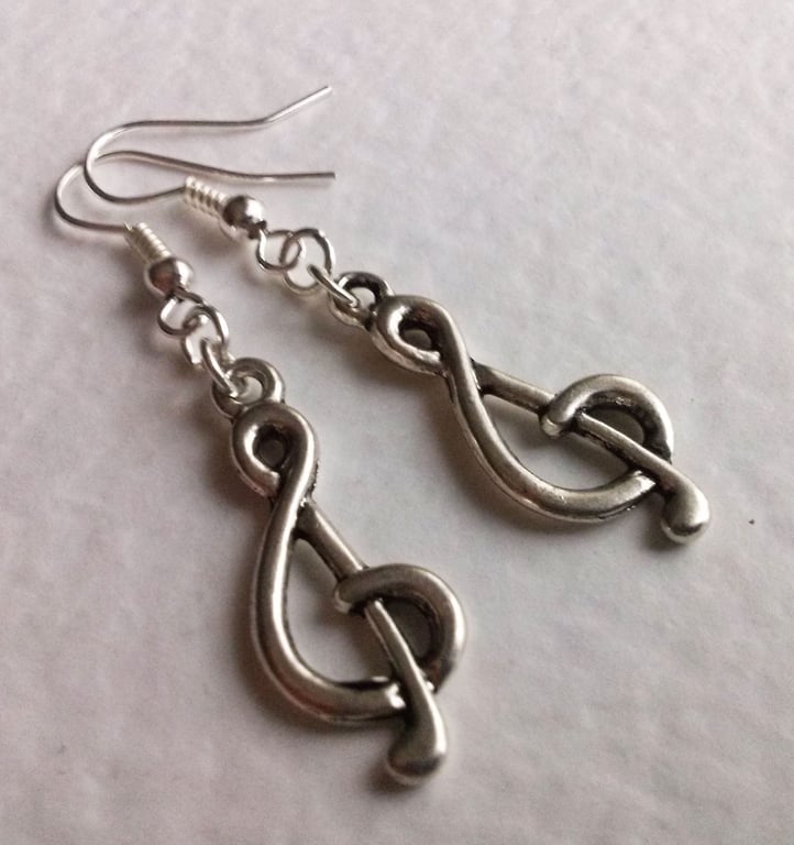 Treble Clef Music Note Silver Plate Dangle Earrings