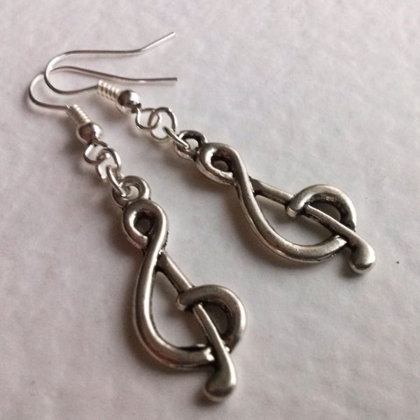 Treble Clef Music Note Silver Plate Dangle Earrings