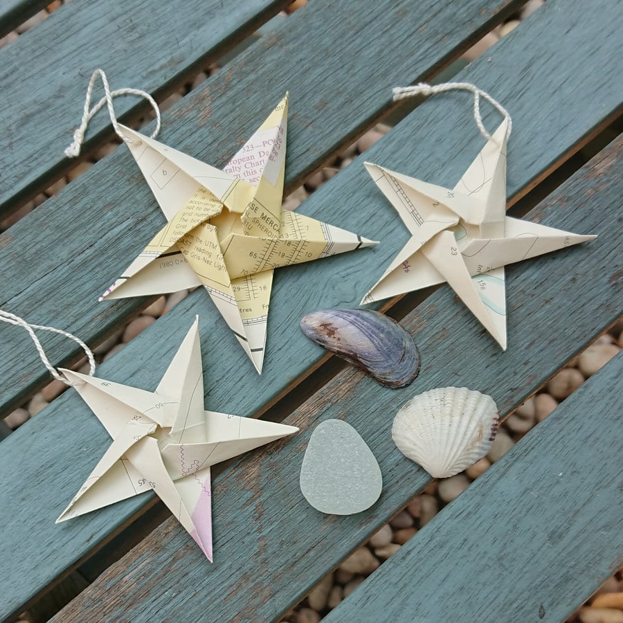 Origami hanging stars - set of 3 nautical decorations