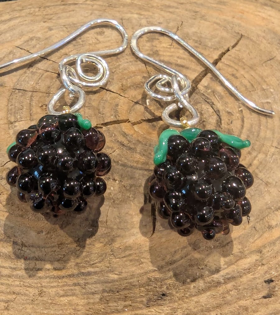 Image of Handmade Murano Glass Blackberries on Sterling Silver Hooks
