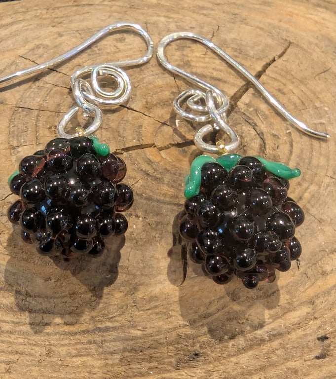 Handmade Murano Glass Blackberries on Sterling Silver Hooks