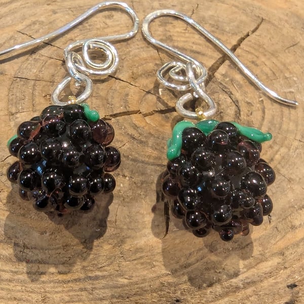 Handmade Murano Glass Blackberries on Sterling Silver Hooks