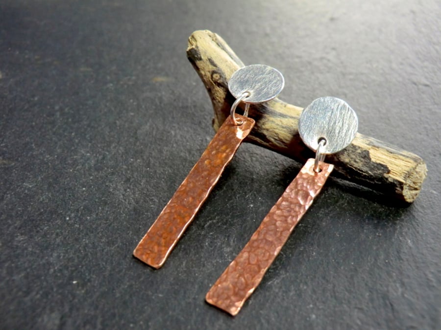 Sterling silver and copper bar drop earrings