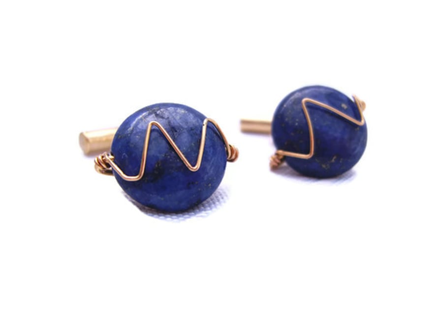 Mens Cufflinks Lapis Lazuli Semiprecious Gemstone & Wirework