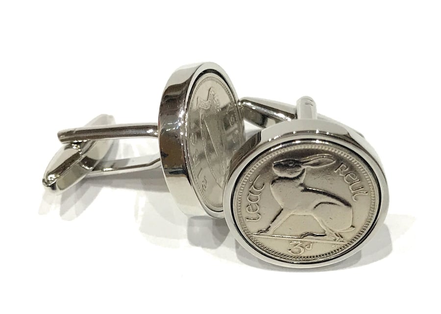 1966 Irish coin cufflinks - Irish 3d threepence coin cufflinks for 58th Birthday