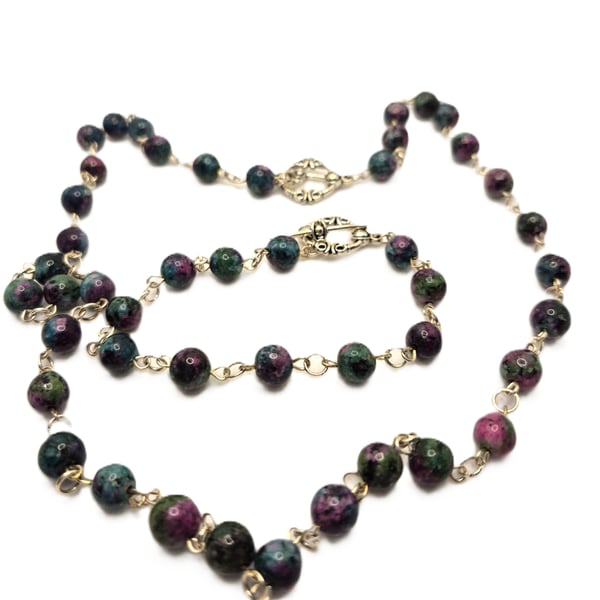Fancy jasper rosary link necklace and bracelet jewellery set