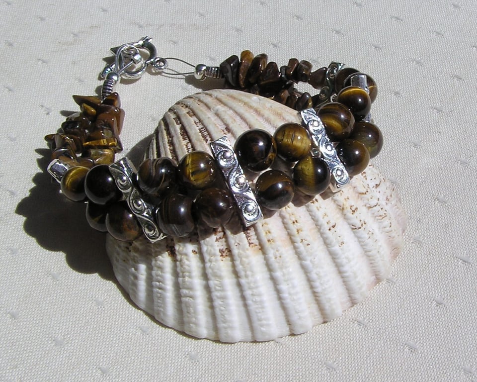 Gold Tiger Eye Gemstone Beaded Chakra Bracelet "Fall Hues"