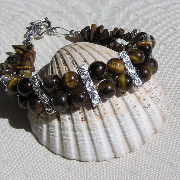 Gold Tiger Eye Gemstone Beaded Chakra Bracelet "Fall Hues"