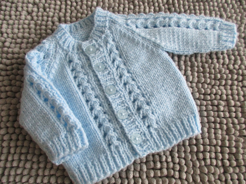 12" Early Baby Patterned Round Neck Cardigan (Baby Blue)