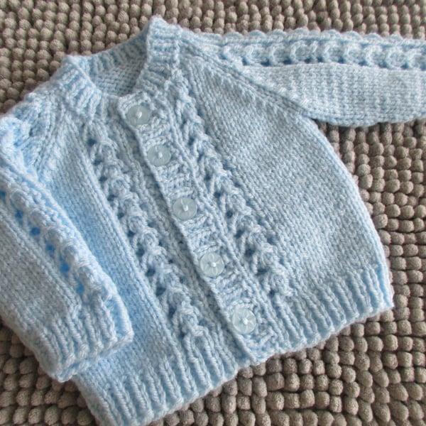 12" Early Baby Patterned Round Neck Cardigan (Baby Blue)