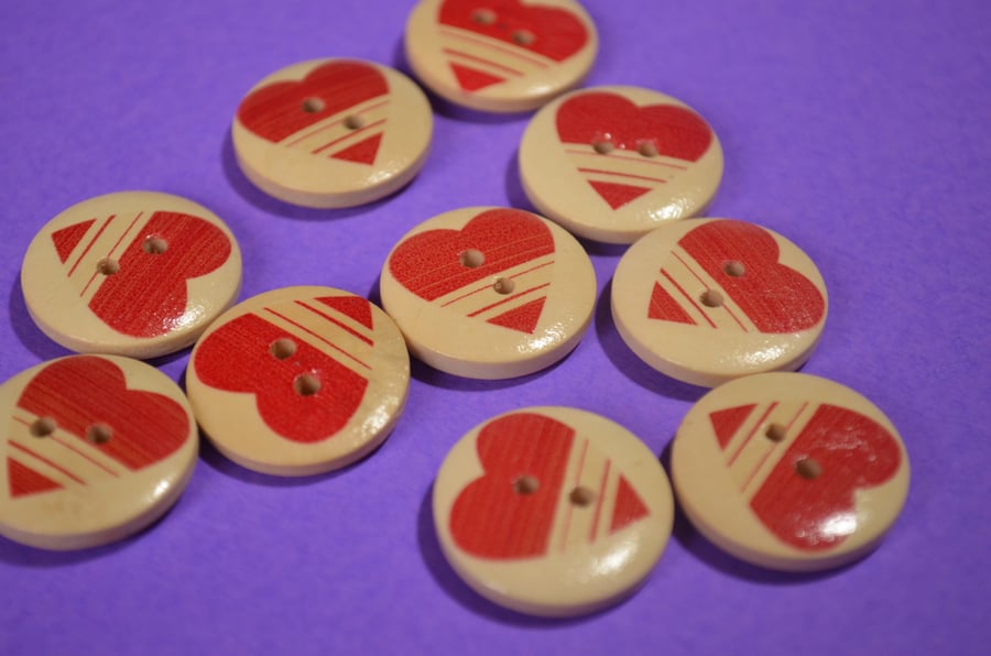 20mm Wooden Red Stripe Heart Buttons Love Stripey 10pk Button (RH3)