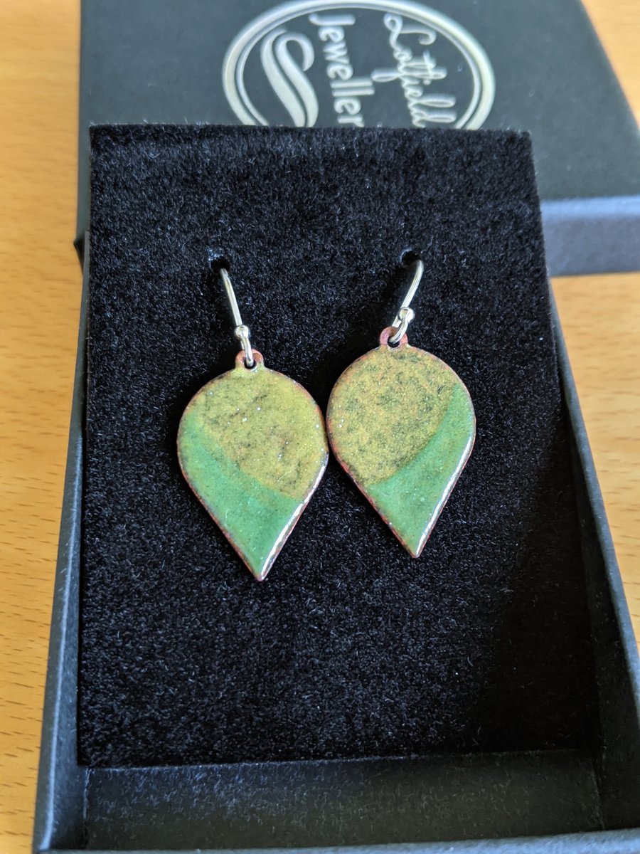 green two tone enamel earrings, leaf shape on sterling silver ear hooks