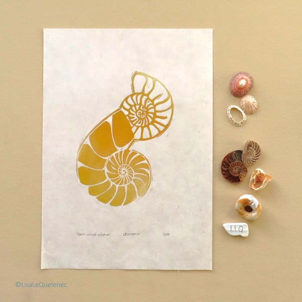 Jurassic ammonites original lino print fossil lovers art in ochre on cream paper