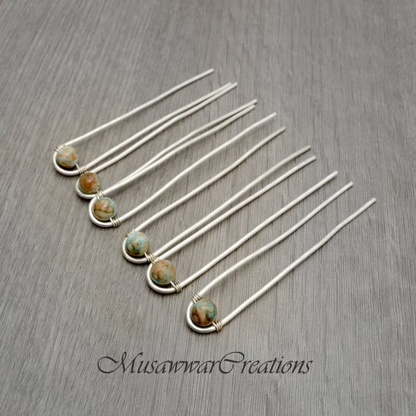 Multitone beads Hair pins,Bun Pins,Hair slides, Hair pin,6 piece of hair fork